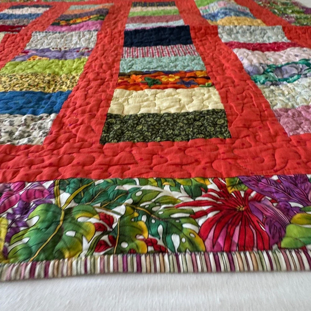 Handmade Patchwork Quilt Tropical Floral Butterfly Reverse Red Green 44x44